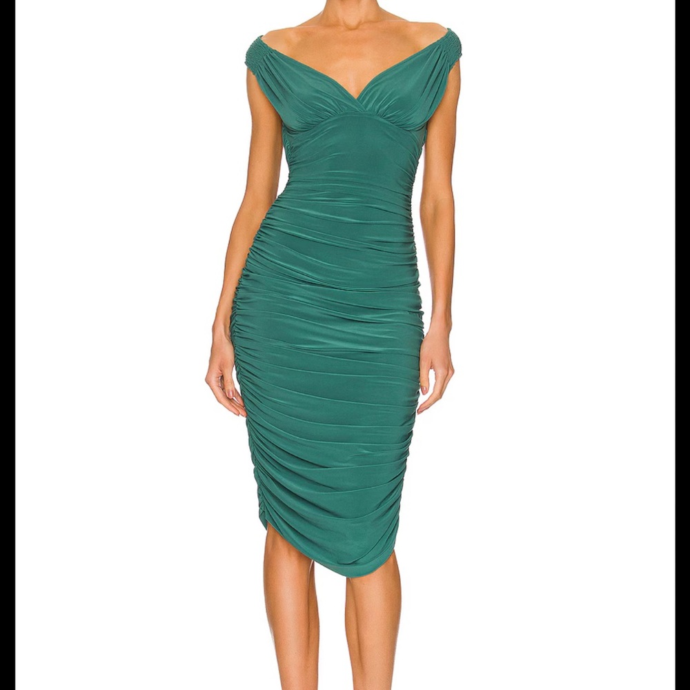 Norma Kamali Green Ruched Off-Shoulder Midi Dress